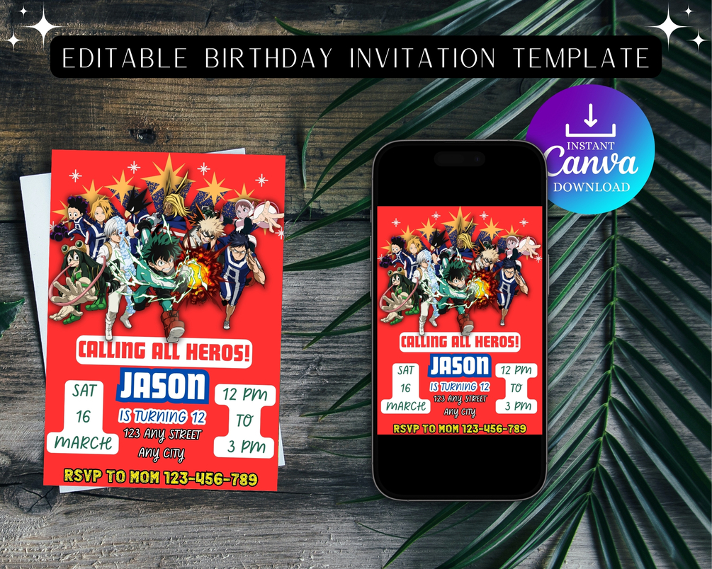 Editable My Hero Academia Birthday Invitation Template Birthday Party