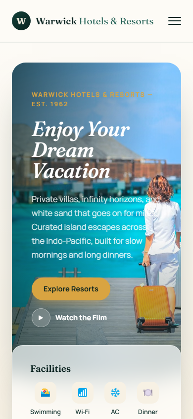 Mobile walkthrough for Warwick – Luxury Hotel & Resort Booking Website Template (HTML5 + Bootstrap 5 + WordPress + Elementor) 