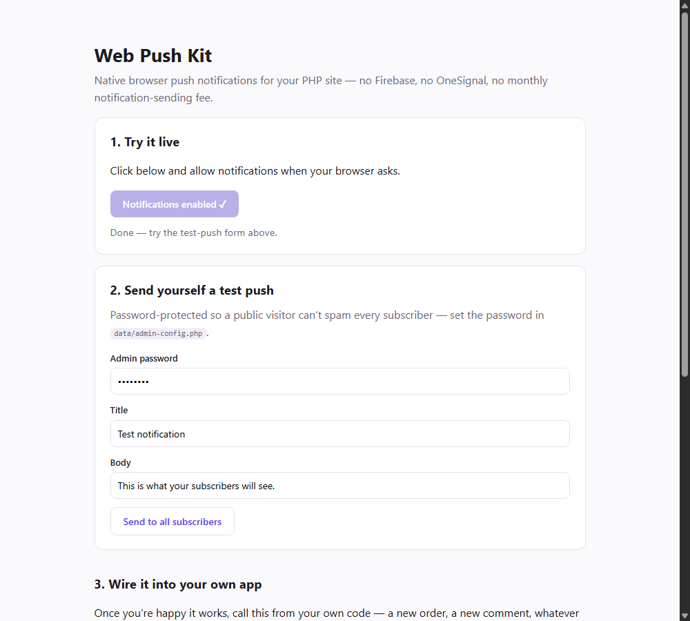 Subscribed state with the password-protected test-send form