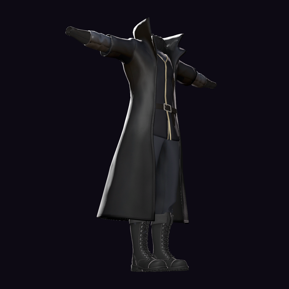 Sovereign Noir — three-quarter front angle showing the gold zip line, belt and bracers