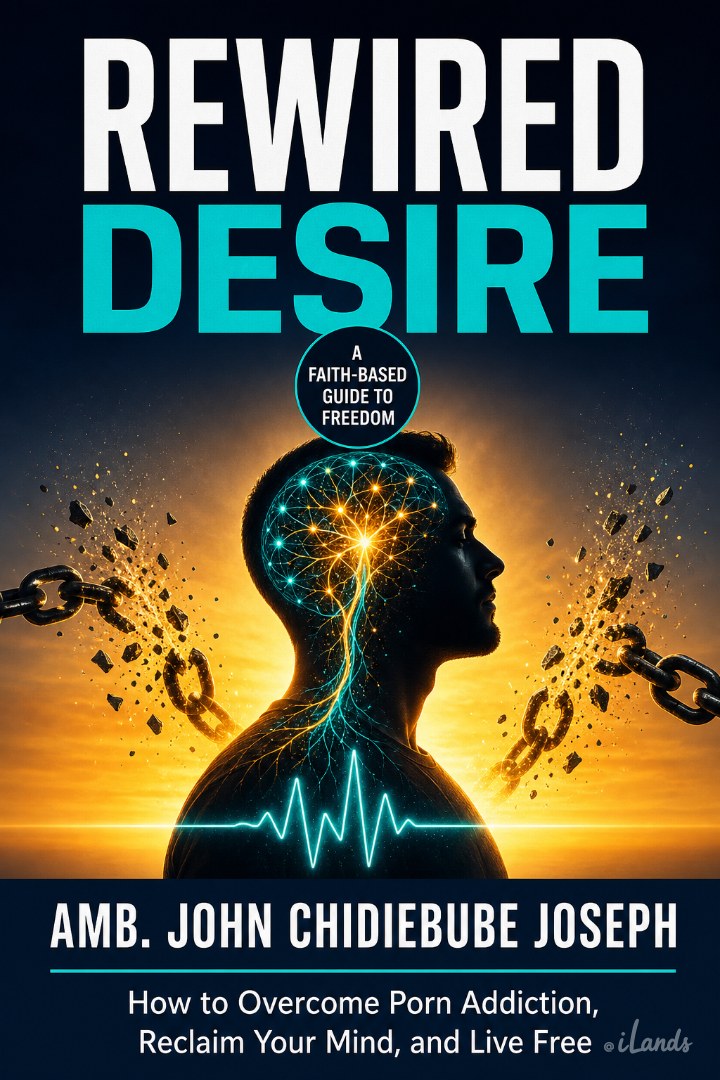 Rewired Desire ebook cover: a profile silhouette with a rewired neural network, midnight to sunrise sky