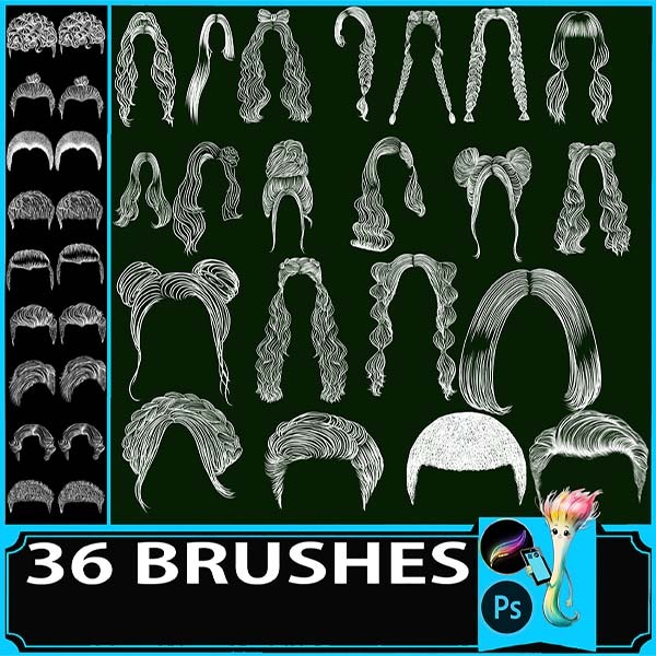 Procreate & Photoshop 36 Types Anime|Style Hairstyle Brush Set | Hair・Male & Female Character Heads by best procreate brushes