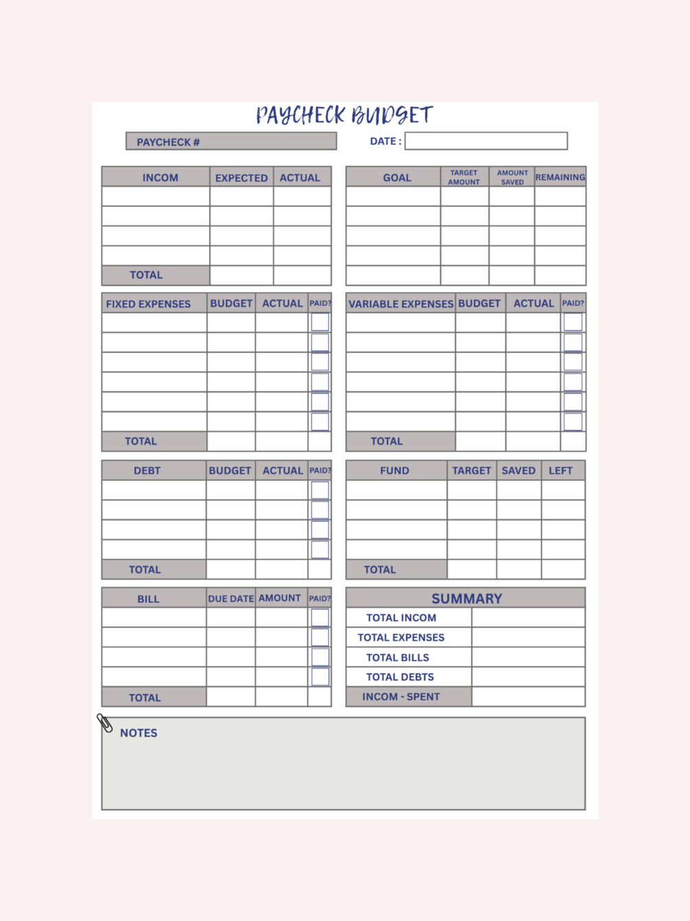 Printable Paycheck Budget Planner -A4 Size (Free Version)