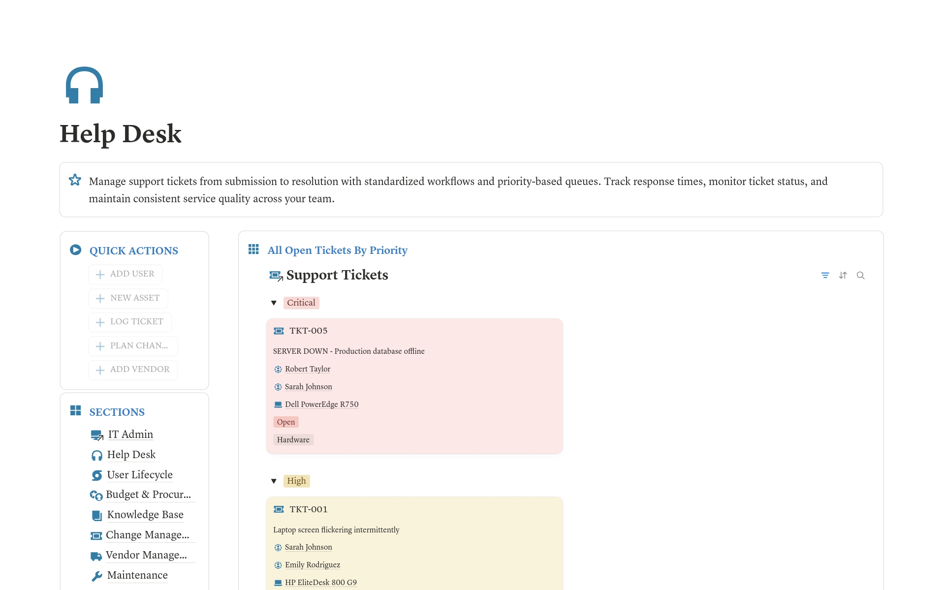 IT Admin OS - Tickets, Assets, Users & Licenses - view 1