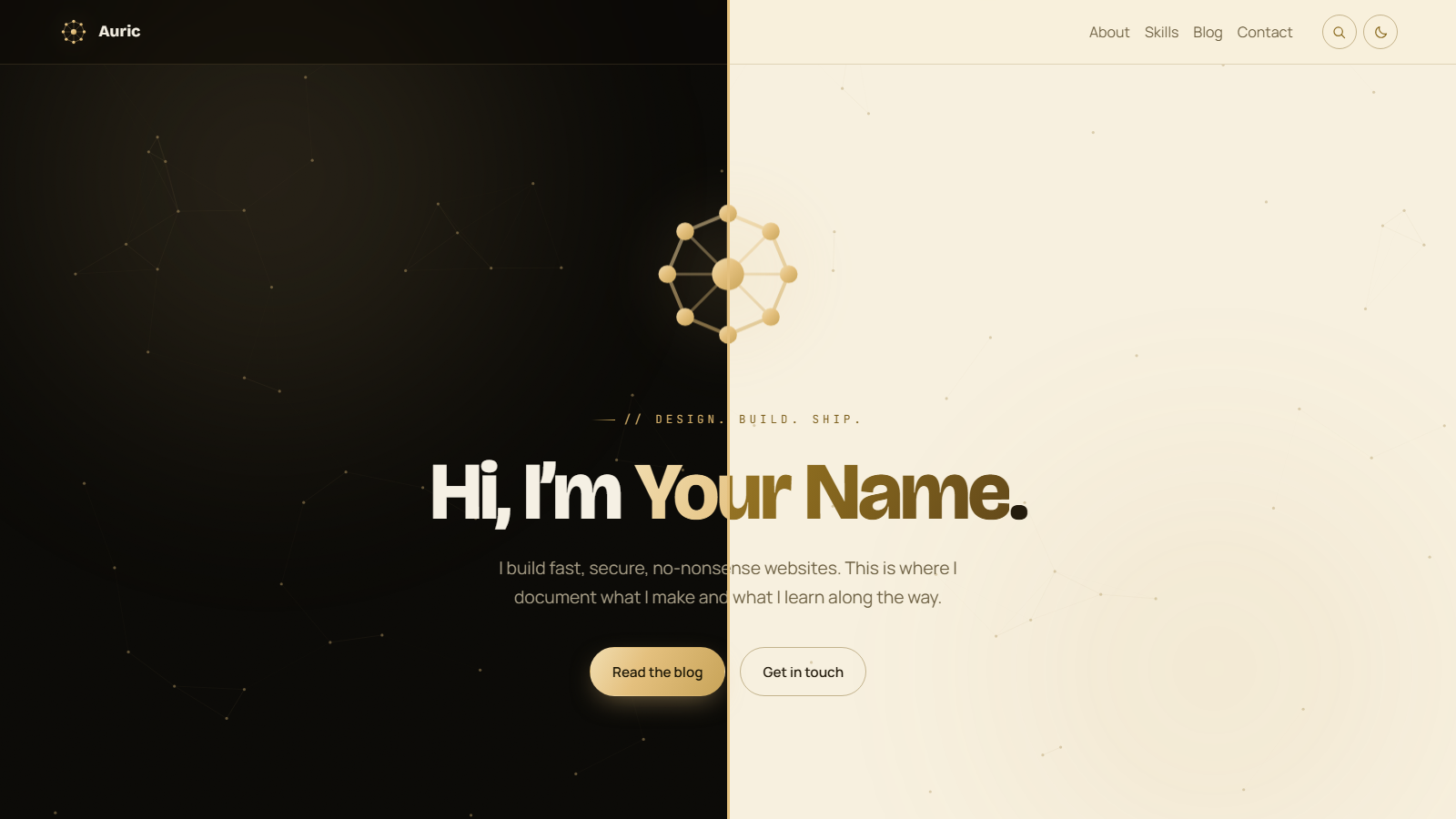 Auric hero section shown half in dark mode, half in light mode — same gold design, split by a gold divider
