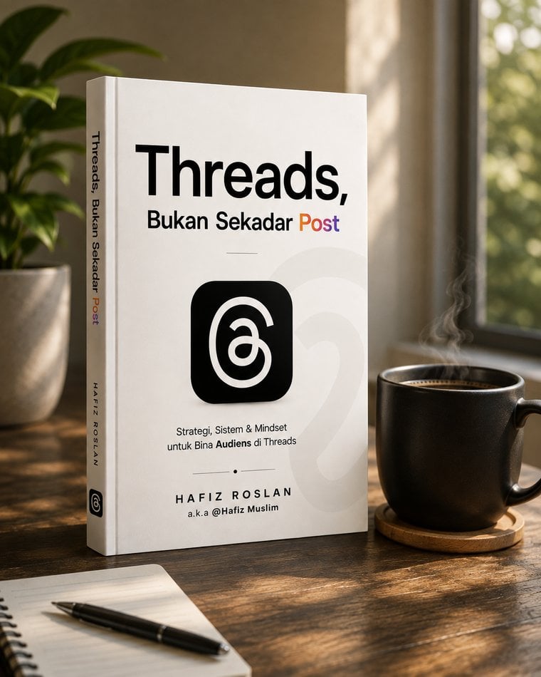Mockup buku Threads, Bukan Sekadar Post di atas meja