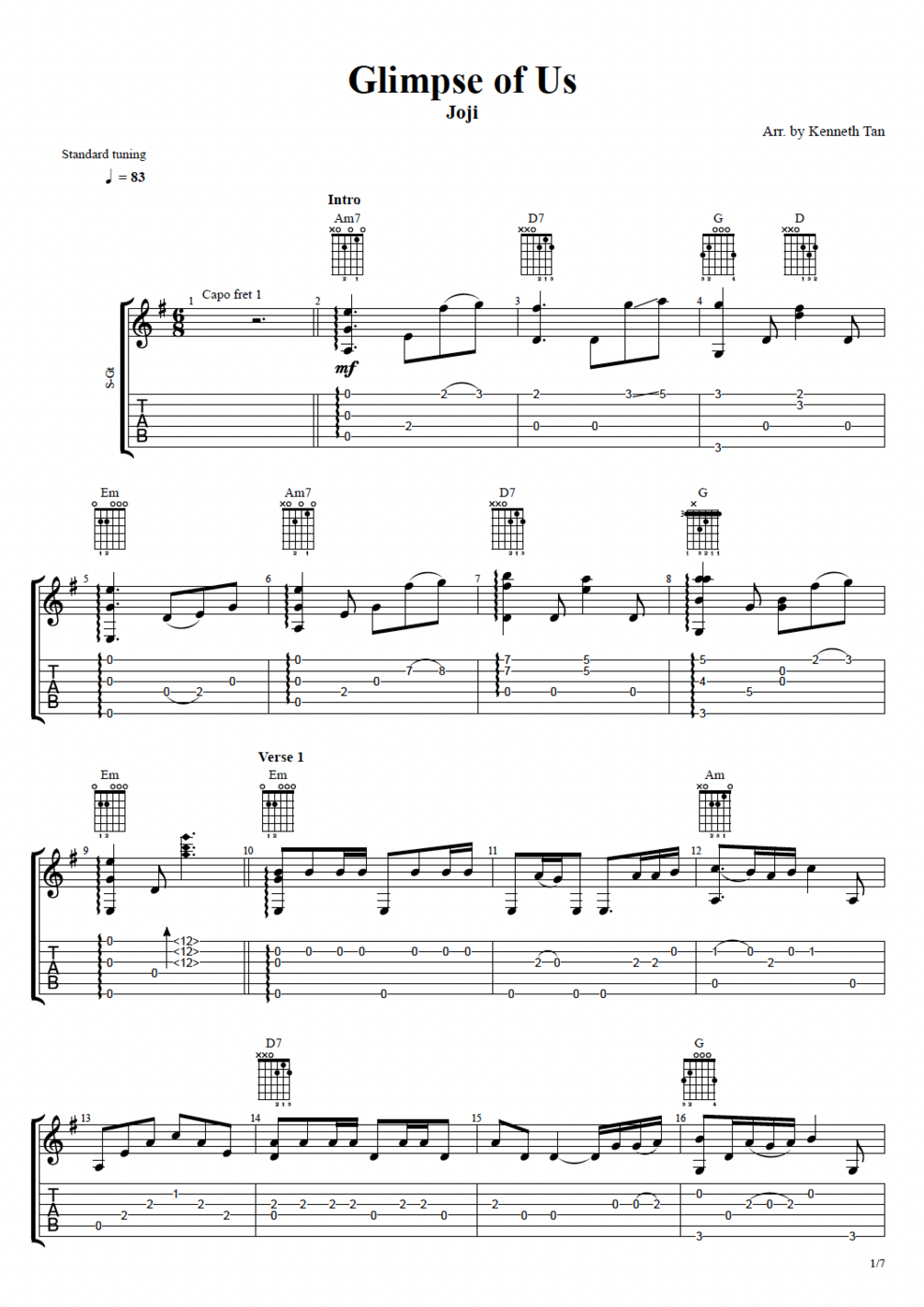 Glimpse of Us Fingerstyle Guitar