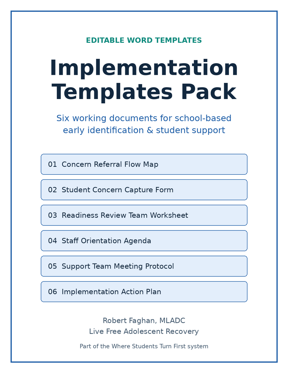 Cover of the Implementation Templates Pack — six working documents for school-based early identification and student support
