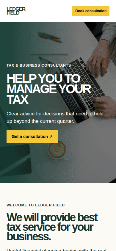 Mobile walkthrough for Ledger Field — Consultancy Website Template (HTML + WordPress + Elementor)