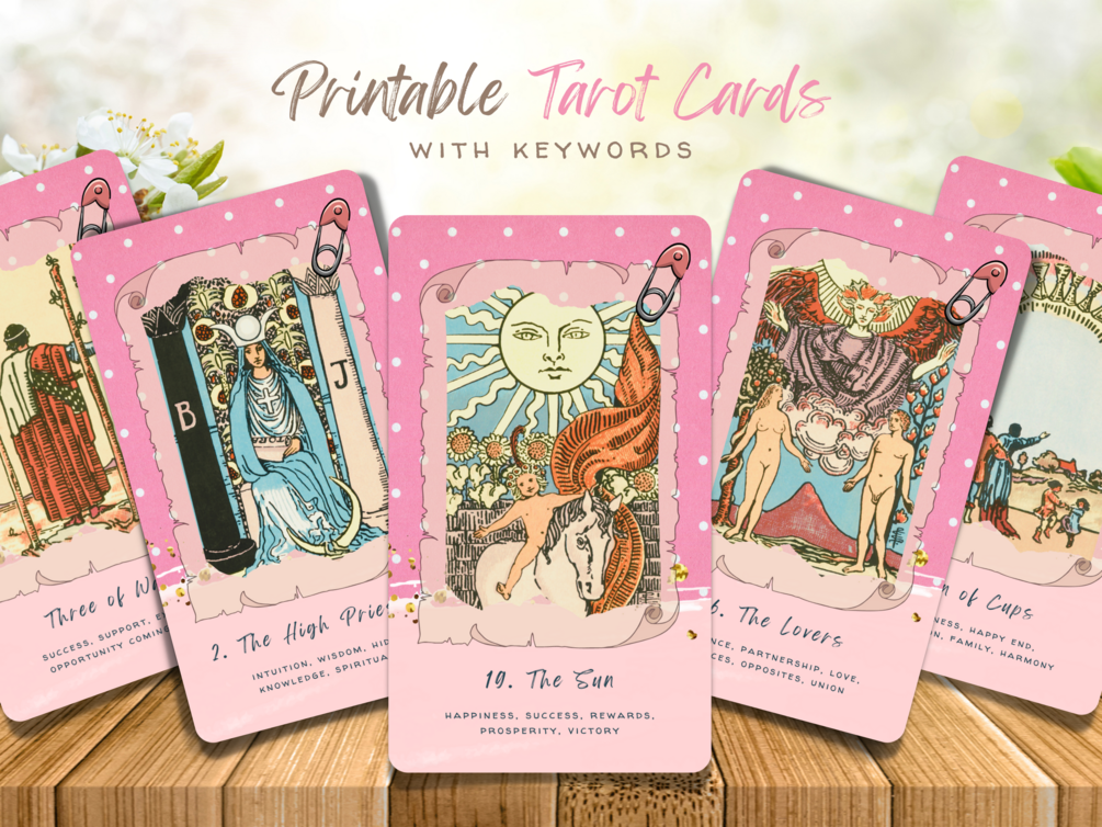 Pink Tarot Cards Printable, Rider Waite Tarot Deck, Tarot Cards with