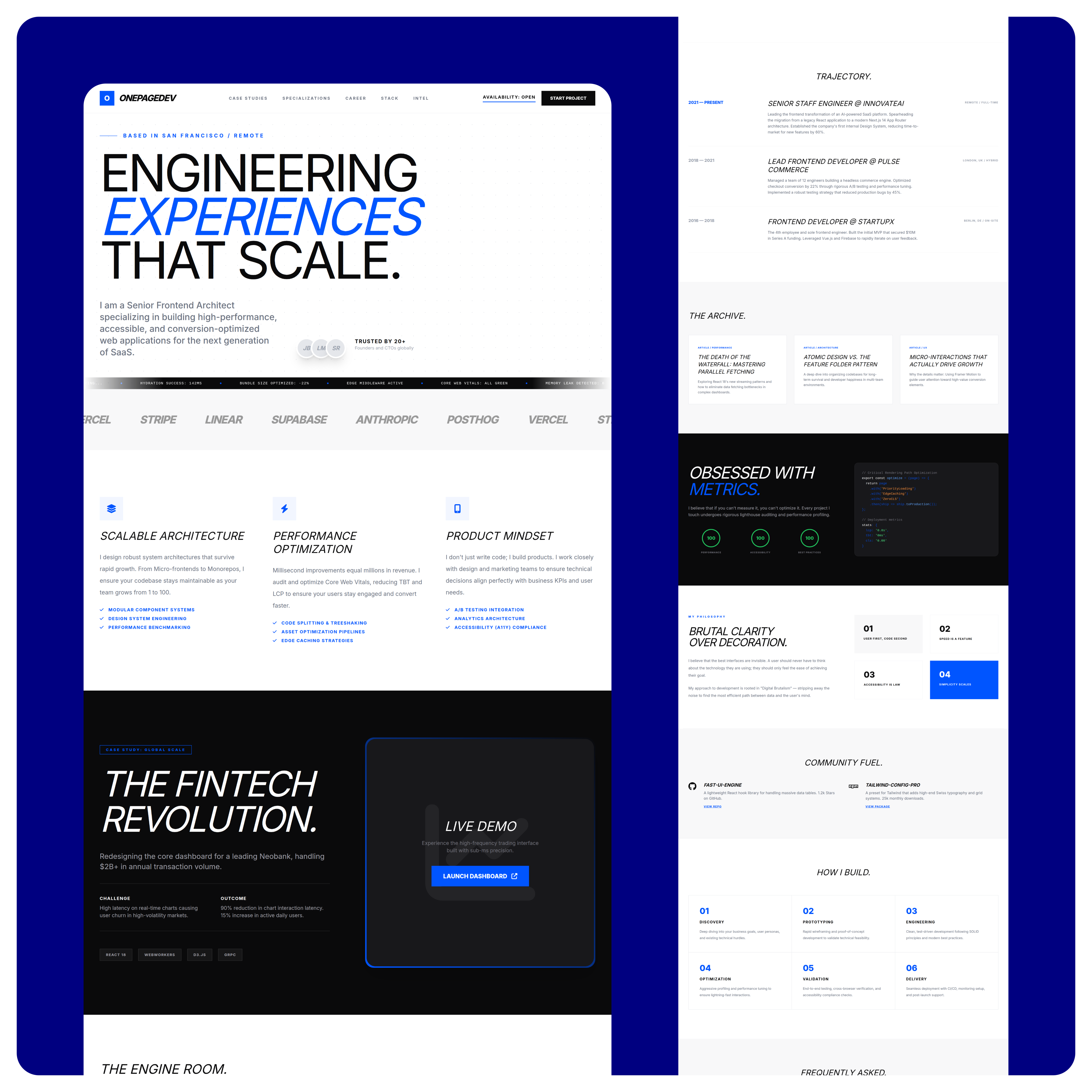 OnePageDev Experience & Stack Section