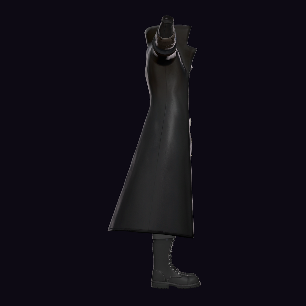 Sovereign Noir — side view showing the coat fall and a laced boot