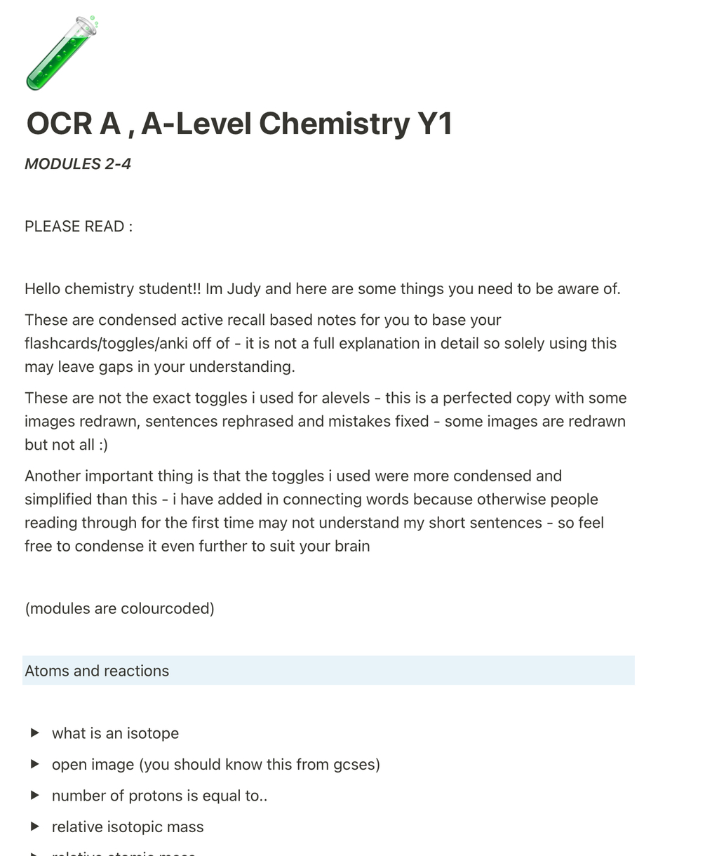 OCR A A Level Chemistry Notion Toggles Modules 2 4