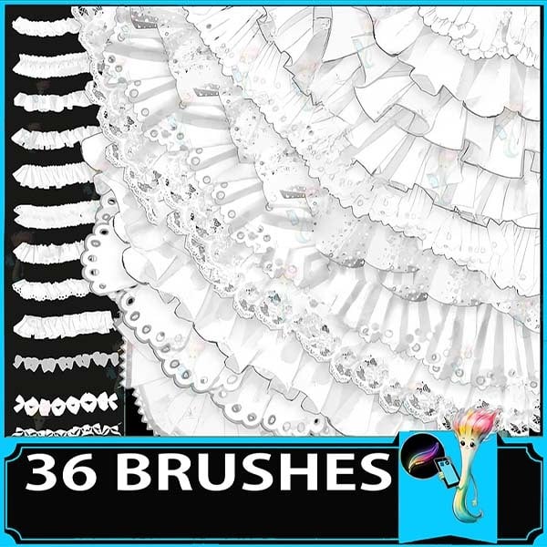 Procreate 36 Types Clothing Design・3D Lace & Ruffle Skirt Brush Set | Pleats・Ribbons・Garment Material by best procreate brushes