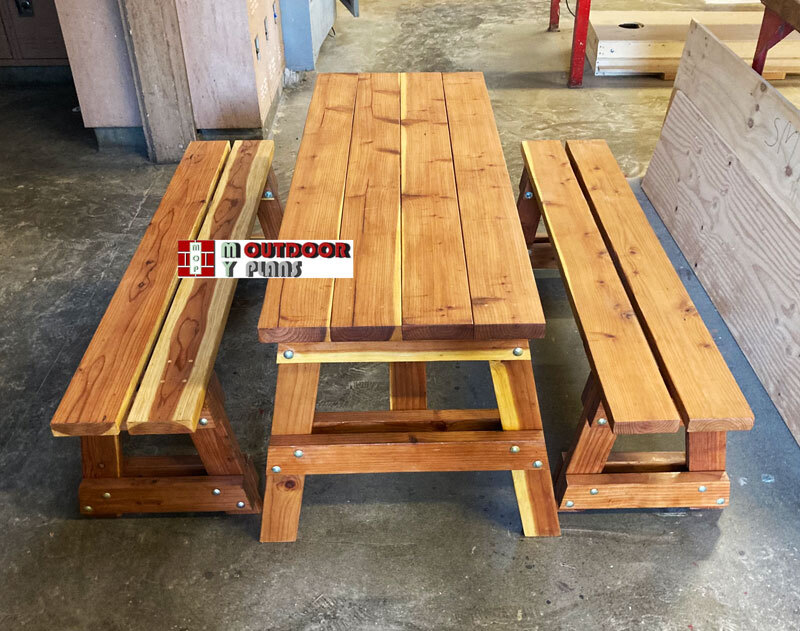 Wood picnic table with best sale detached benches