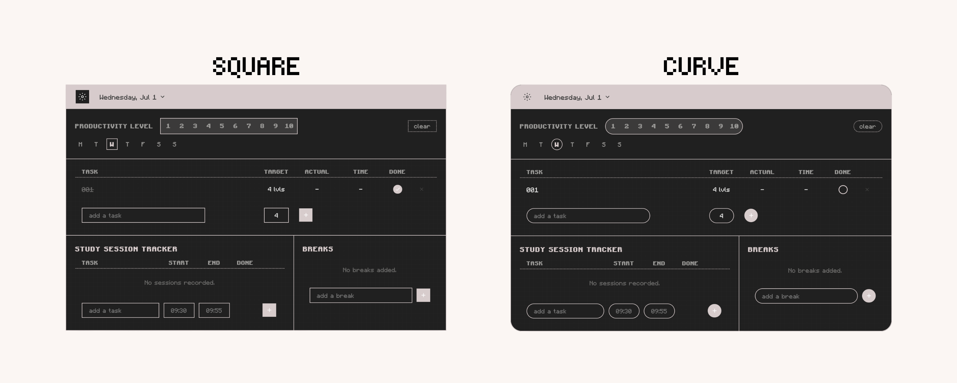 DIgital Pomodoro Session Tracker Widget for Notion with curved and square display in light mode.