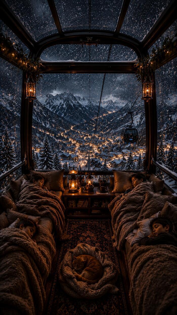 Children sleeping in a cable car overlooking a snowy alpine village