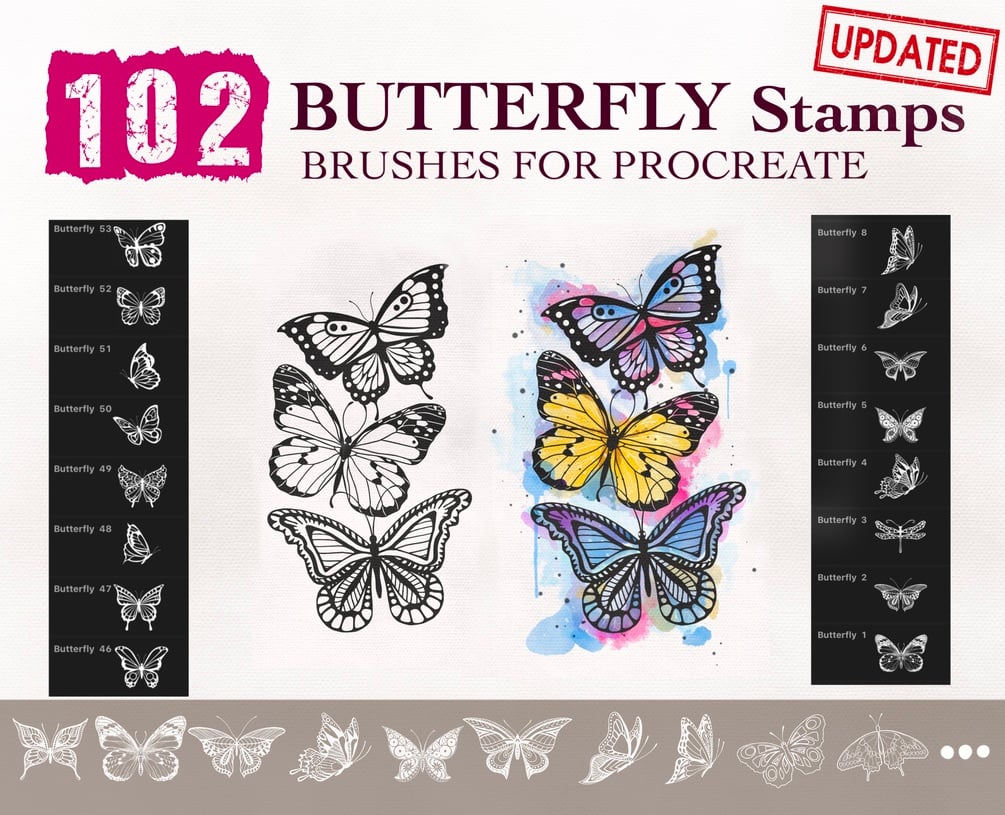 Procreate Stamps, Butterfly Brushes Procreate, Butterflies, Clipart Procreate Butterflies, Butterfly Stamps, Butterfly Brushes Set by VikaBLACK