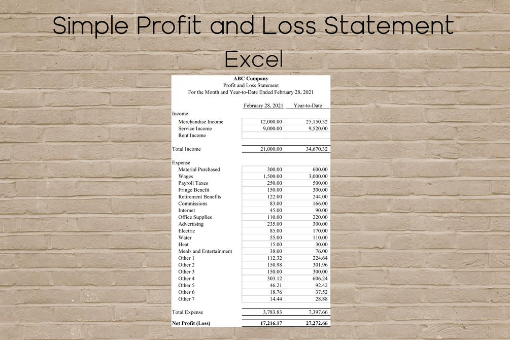 Automated Simple Profit and Loss Statement: Excel Template