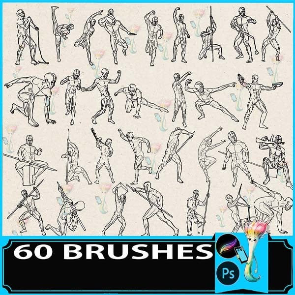 Procreate & Photoshop 60 Types Male Human Body・Skeleton・Muscle・Action Auxiliary Line Brush Set | Novice Practice・Sketching by best procreate brushes