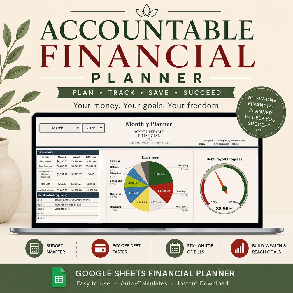 Laptop preview of the Accountable Financial Planner Google Sheets dashboard