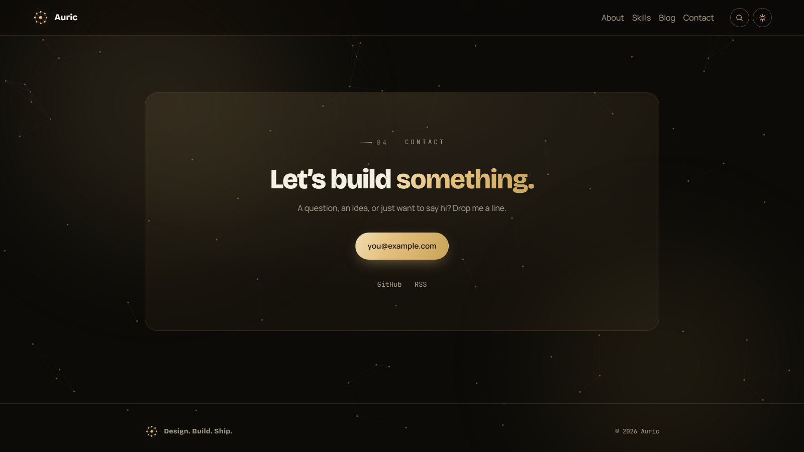 Auric contact section: 'Let's build something' headline with a gold email button