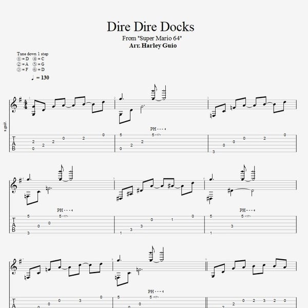 Dire Dire Docks (Super Mario 64) fingerstyle guitar tab PDF by Harley Guio