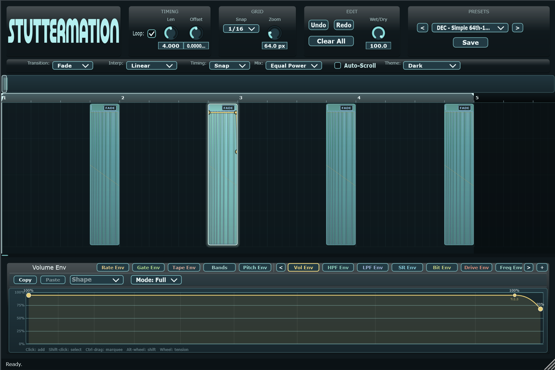 Stuttermation dark interface showing rhythmic Blocks and a volume envelope