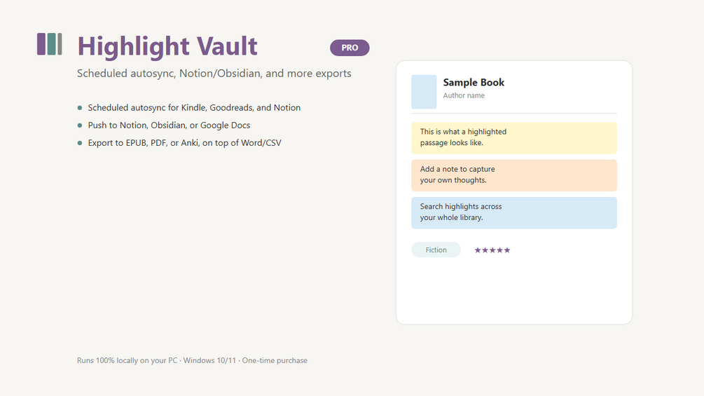 Highlight Vault Pro preview: scheduled autosync, Notion/Obsidian push, and more export options on top of the core highlights library