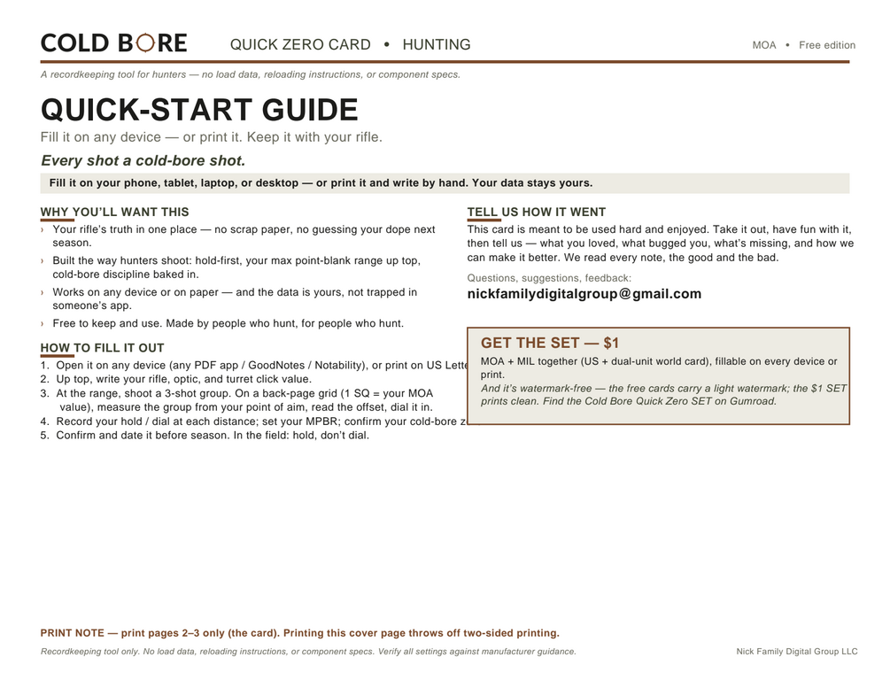The Cold Bore Quick Zero Card, page one: rifle info, field DOPE table, max point-blank range box, and zero confirmation.