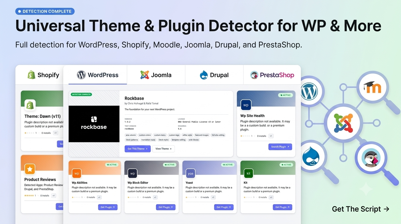 WordPress Theme Detector | Shopify Theme Detector | Magento Theme Detector React NextJS script