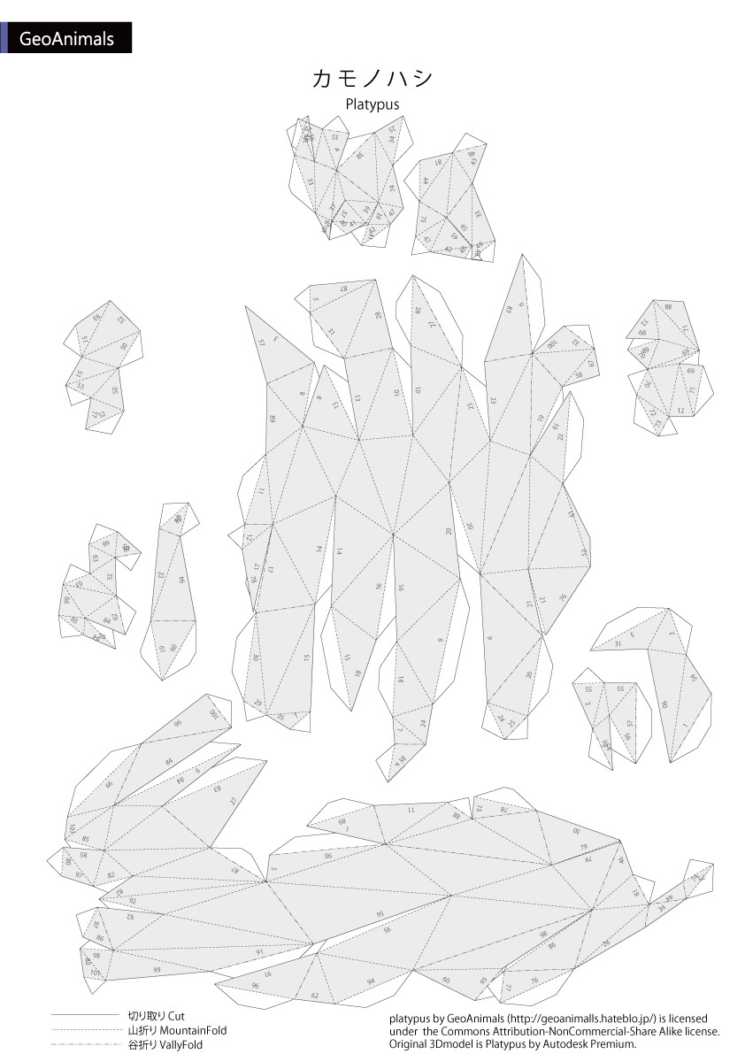 カモノハシのペーパークラフト型紙（Platypus papercraft template）