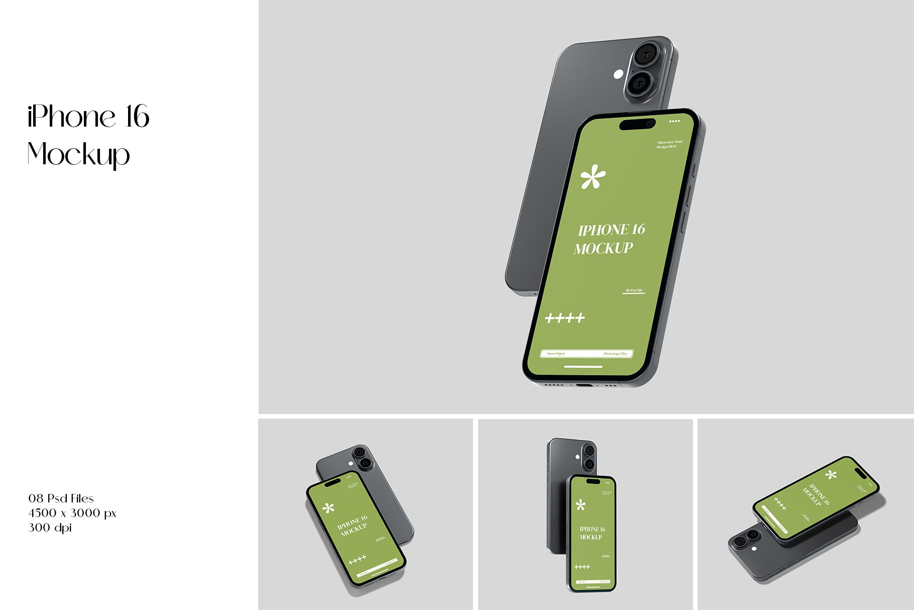 iPhone 16 mockup with editable background and separated shadows