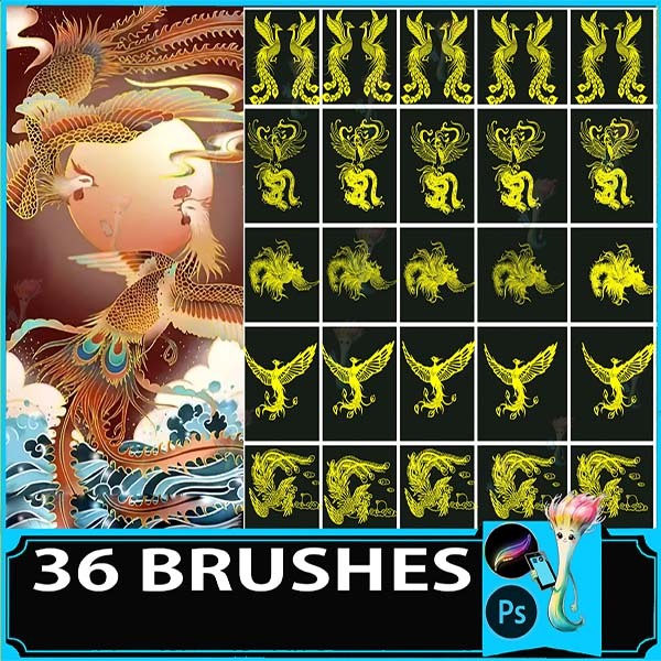 Procreate & Photoshop 36 Types Phoenix・Immortal Bird Stamp Brush Set | Mythology・Japanese Style・Fantasy Illustration Material by best procreate brushes
