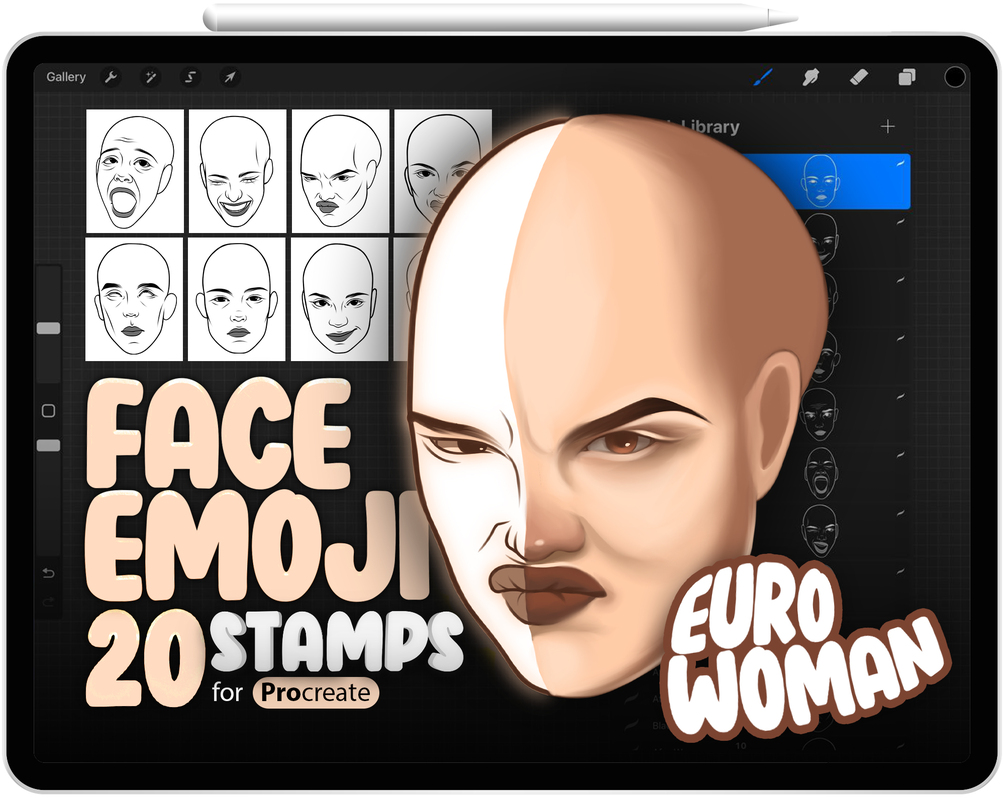 20 Procreate European Woman Face Emotion Stamp Brushes Collection by ProCreativeBreeze