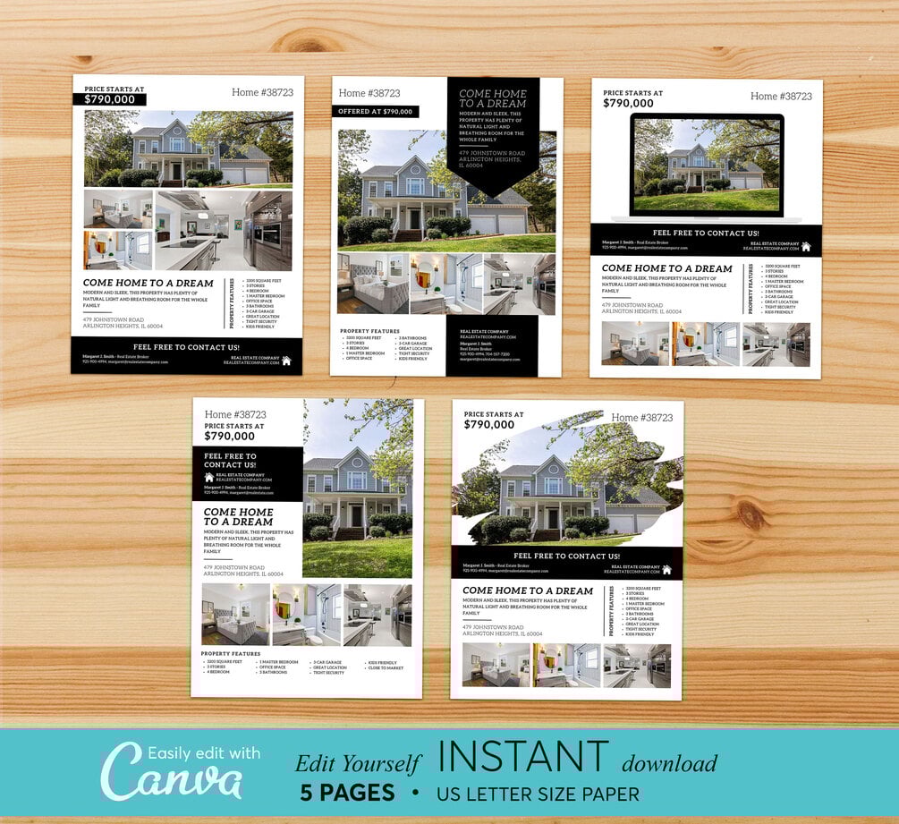 5 Pages Real Estate Home Feature Sheet Flyer Template - Editable in Canva