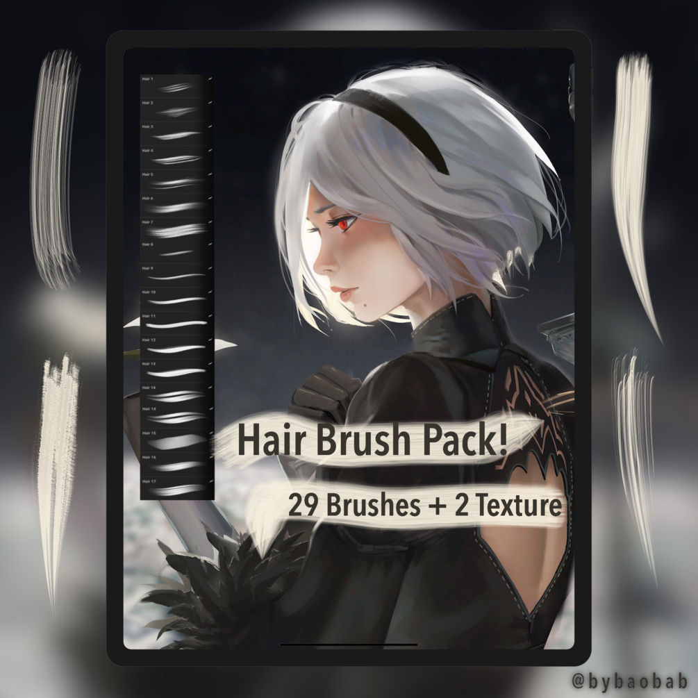 Hair Brush Pack + Texture for Procreate! by bybaobab