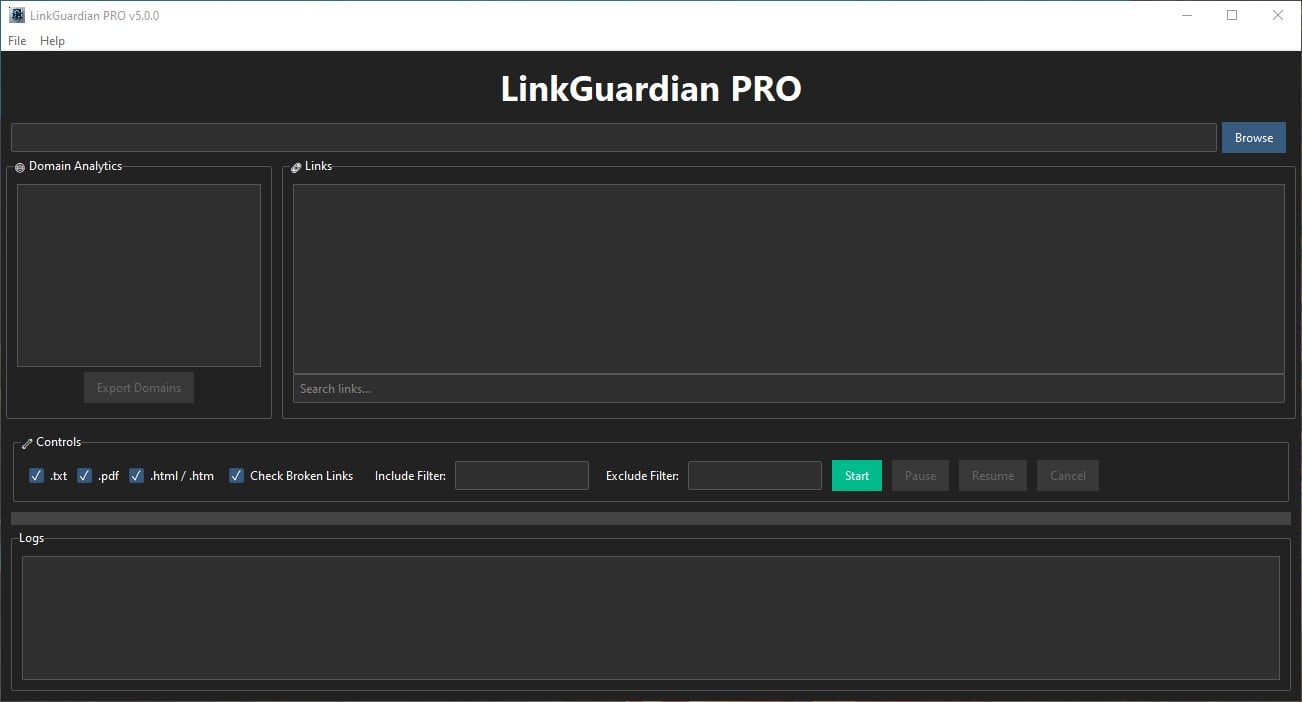 LinkGuardian PRO v5.0 Main Interface - Modern dark UI with folder selection, scanning controls, and progress bar
