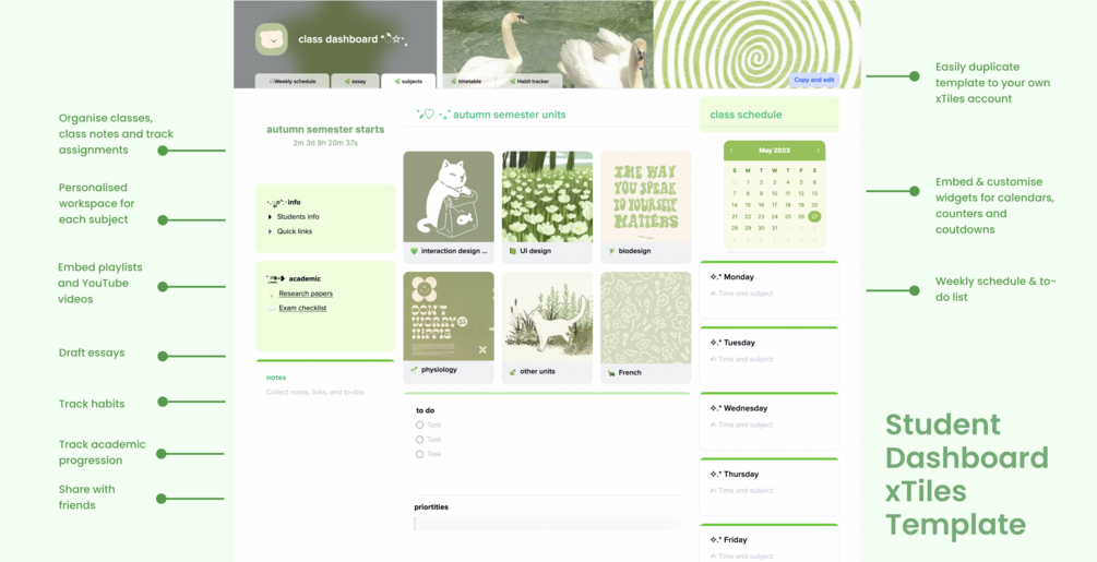 🌿 Student Dashboard xTiles Template (Green)