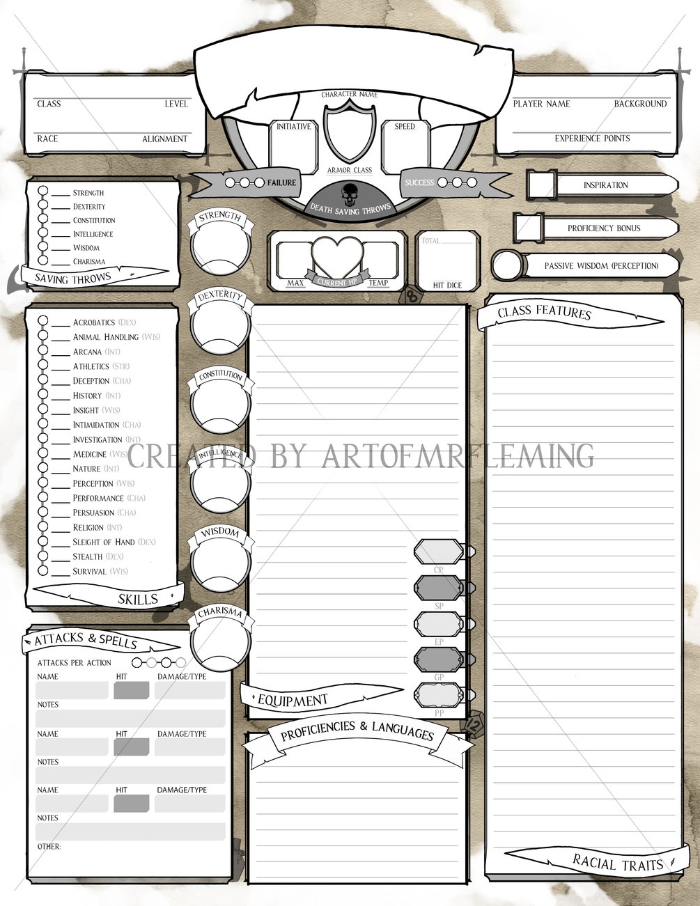 Custom Printable & Fillable DnD 5e Character Sheet 5 Variants and Color