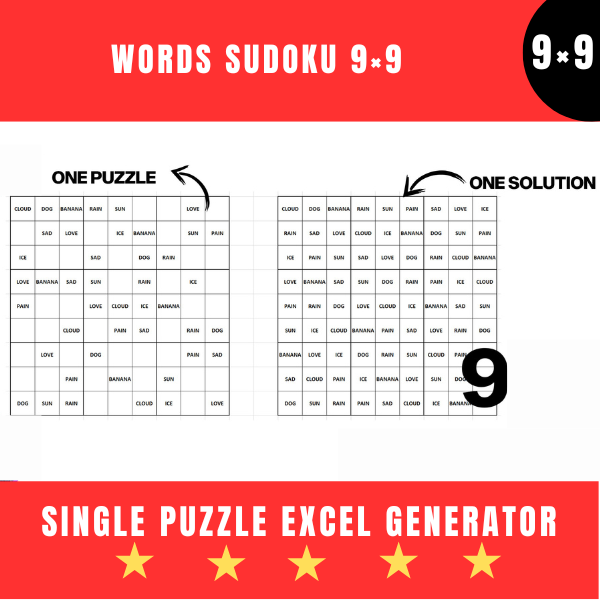 Words Sudoku 9×9 Single Puzzle Excel Generator
