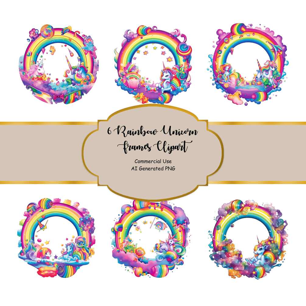 6 unicorn rainbow frames clipart