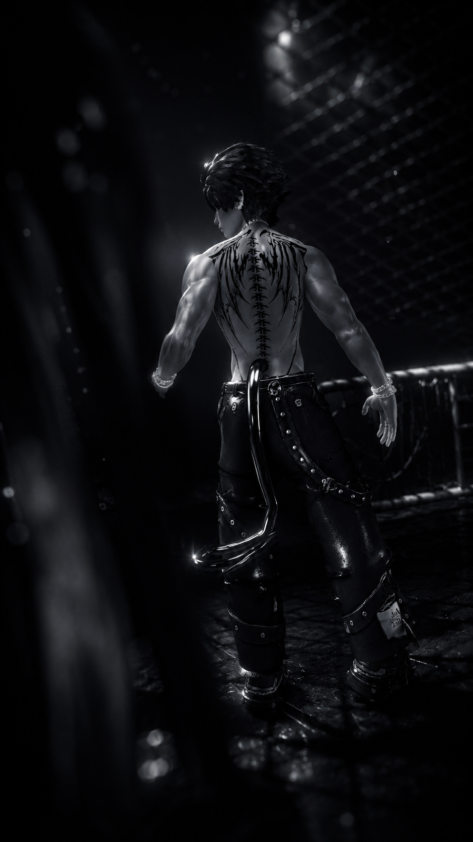 Shiryu back view with spine tattoo and devil tail