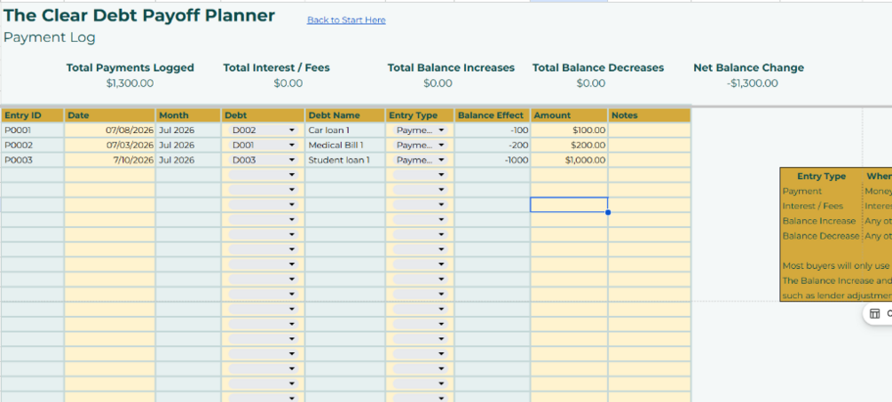 Debt List and Payment Log preview