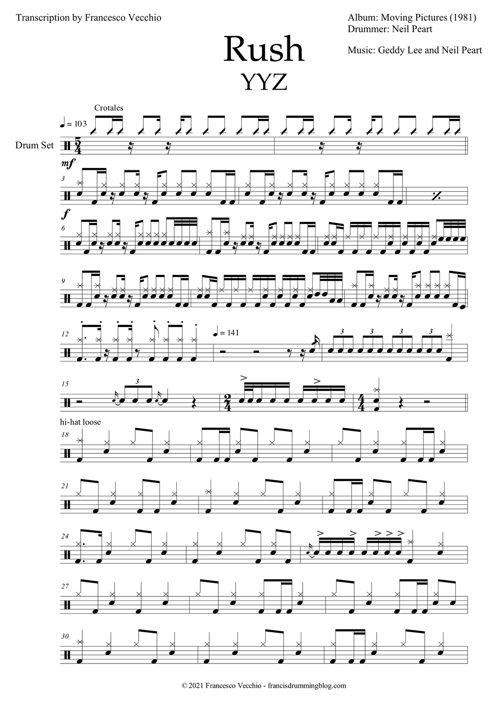 Rush YYZ (Drum Sheet Music)