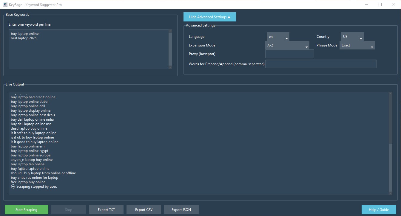 Advanced Settings Panel