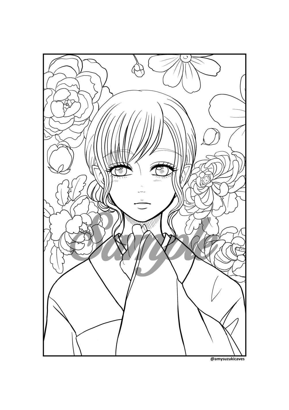 Manga/Anime Elf Girl Wearing Kimono Surrounded by Flowers Printable  Coloring Page PDF