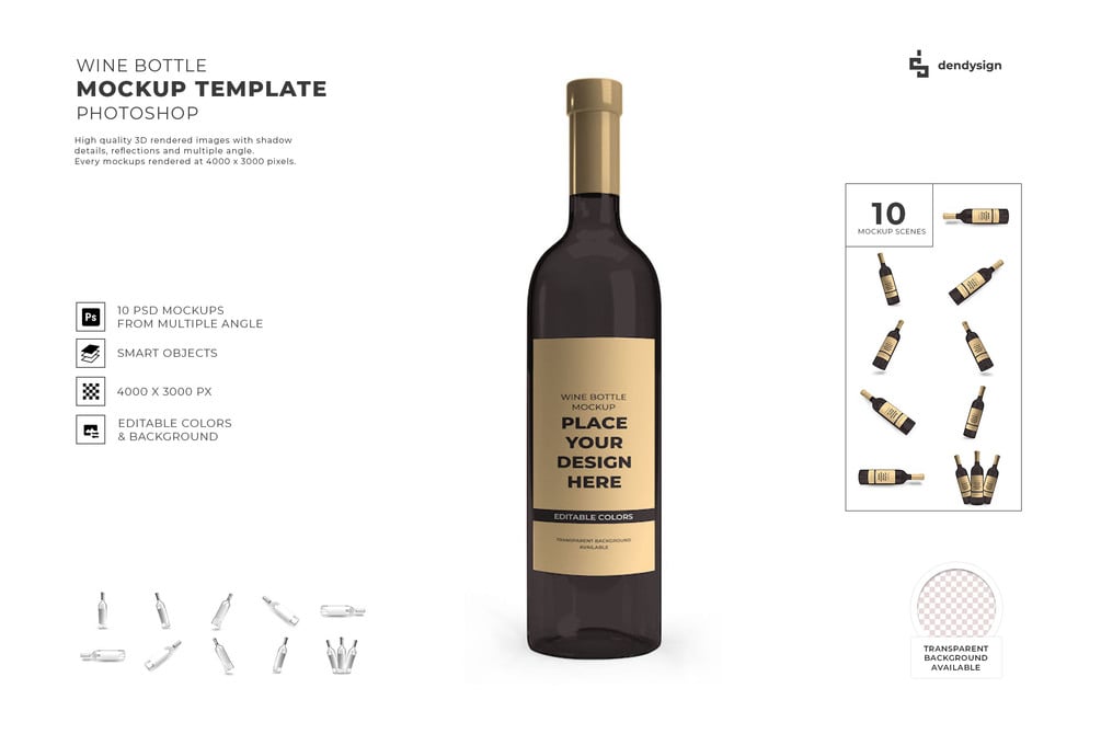 Wine bottle with clear background mockup - Mockups Design