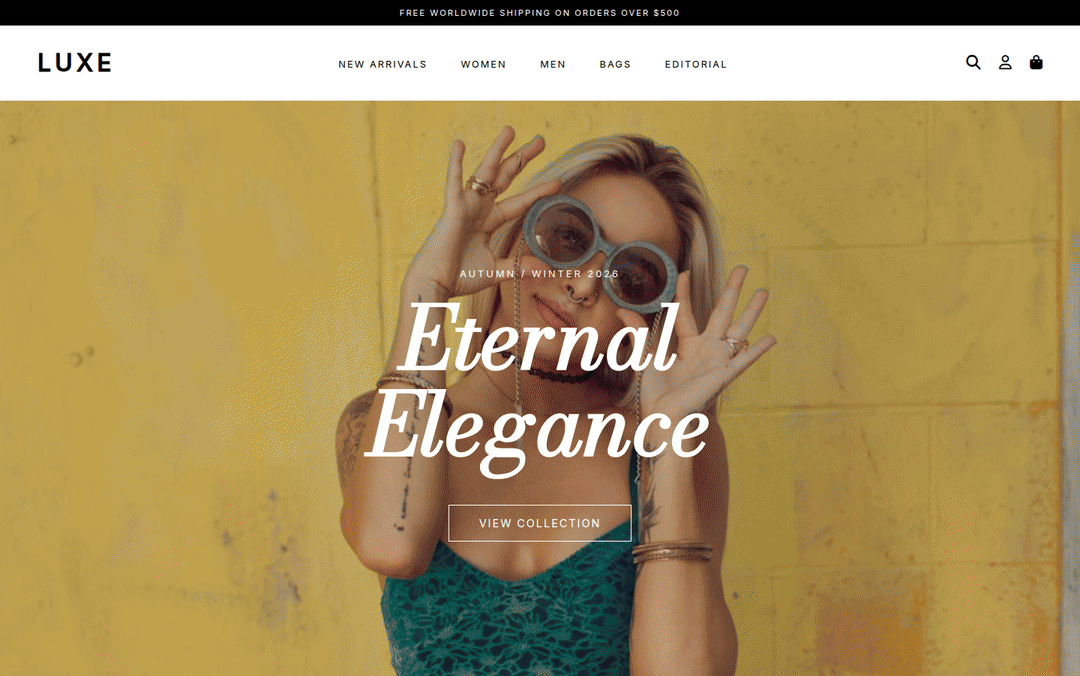 Wide desktop walkthrough GIF for E-commerce Store — Website Template