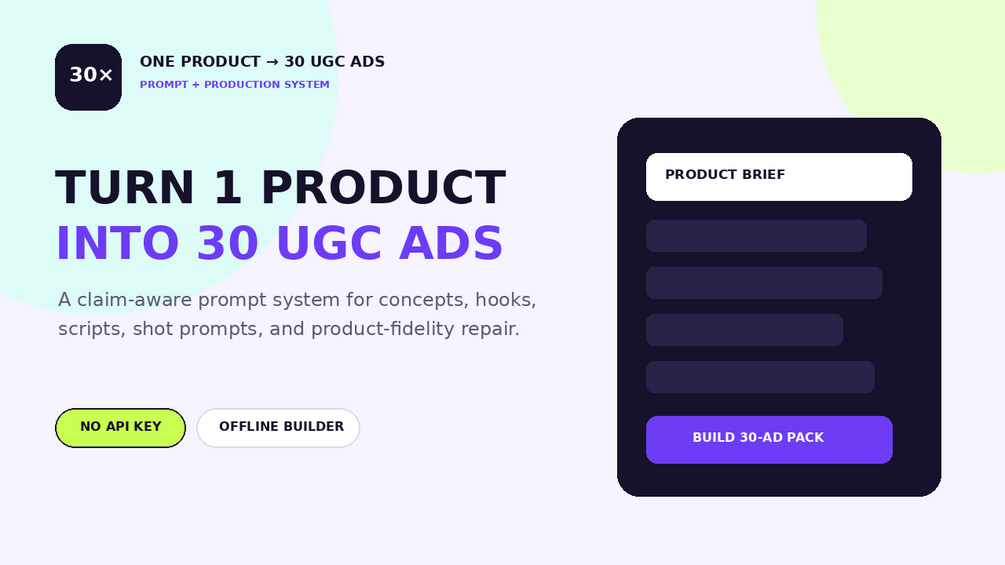 One Product to 30 UGC Ads system cover showing an offline product brief builder